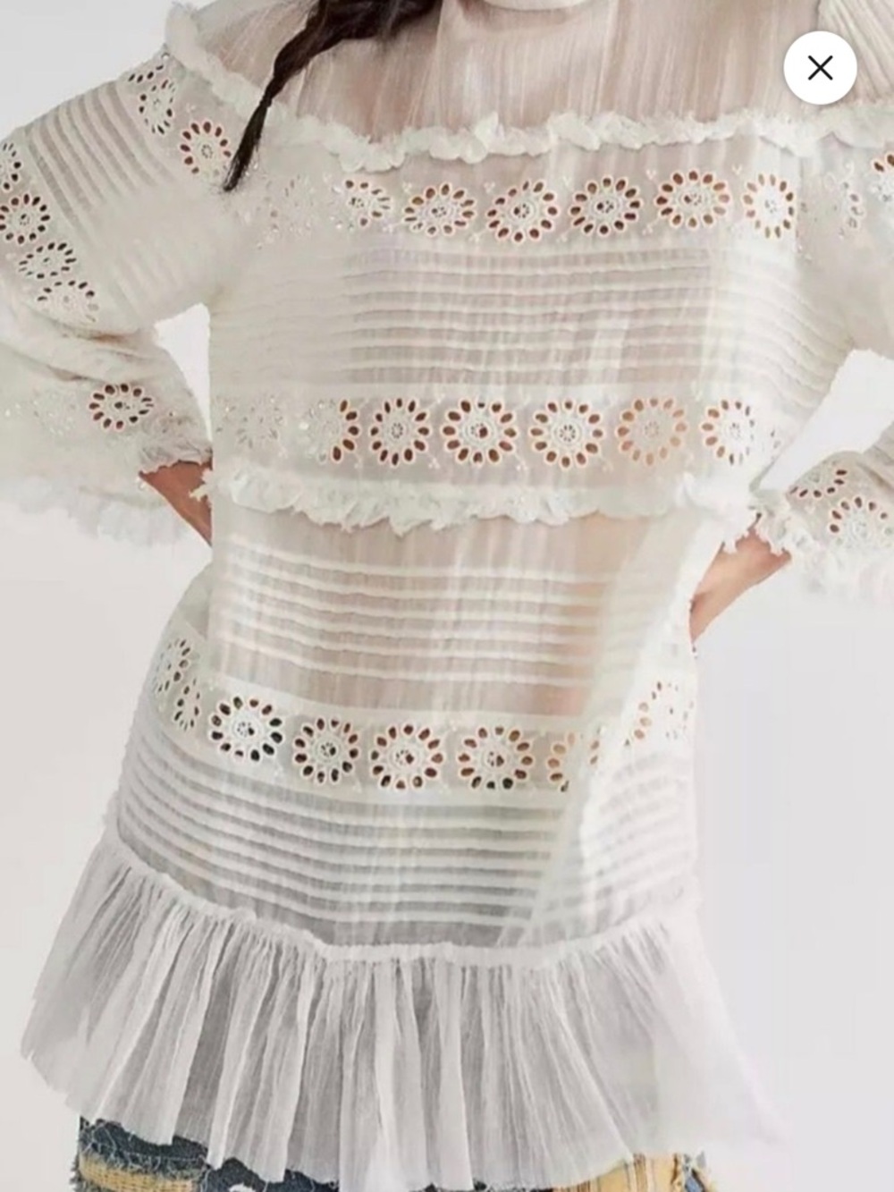 Free People Cream Eyelet Ruffle Tunic Blouse Size Medium